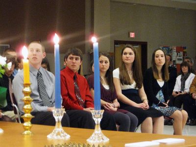Honor Guard
A few inductees behind the candles at the recent ORR National Honor Society Induction Ceremony: (l. to r.) Evan Bissonnette, Patrick Bell, Caitlin Beauregard, Christine Beatriz and Caitlin Barker. (Photo by Olivia Mello)

