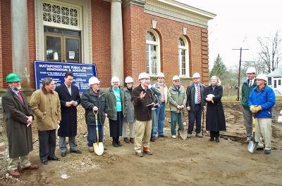 New Chapter for Mattapoisett Library
Proud members of the Mattapoisett Library Building Committee presided over a formal groundbreaking ceremony at the Mattapoisett Free Public Library on Barstow Street this past week. Among the officials on hand were Mattapoisett Selectman Raymond Andrews, State Senator Mark Montigny, State Representative William Straus, and Library Director Judy Wallace. The $5.1 million project is expected to be completed in early 2007. (Photo by Kenneth J. Souza).
