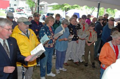 Mattapoisett Birthday Bash
Residents celebrate Mattapoisett's 150th Birthday in song during a celebration held on Sunday, May 20, 2007 outside Town Hall. (Photo by Tim Smith).
