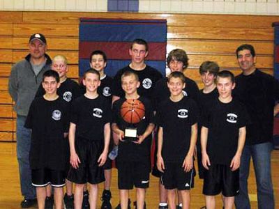 Basketball Champs
Members of the 2008 Mattapoisett Sixth Grade Boys State Champion Basketball team include (back, l. to r.) Coach Reuter, Haydon Bergeron, AJ Maestas, Jarred Reuter, Nolan Bergeron, Jeremy Bare, and Coach Maestas (front, l. to r.) Chris Carando, Paul Graves, Andrew Dessert, Robbie Magee, and Colin Knapton.
