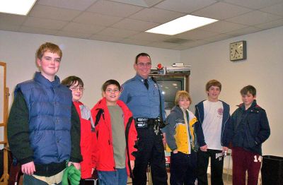 Scout's Honor
Mattapoisett Police Officer Anthony Days recently helped second-year scouts of Mattapoisetts Webelos Den #1 earn their Readyman Badge. Pictured here (l. to r. ) are James Leidhold, Owen Lee, Kyle Boyle, Officer Days, Lars Eklund, Mike Pelligrino and Dyland Fellippe. (Photo courtesy of Elizabeth Leidhold).

