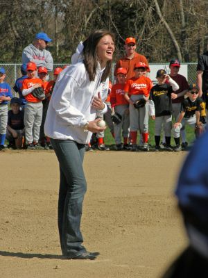 Mattapoisett Opening Day 2007
Opening Day Ceremonies for the 2007 season of Mattapoisett Youth Baseball (MYB) included special guests and local legends such as former American Idol contestant Ayla Brown (pictured), who sang the National Anthem and threw out the ceremonial first pitch, and former Boston Red Sox pitcher Brian Rose. The day also included a tribute to longtime MYB supporter and former Mattapoisett Recreation Director John Haley with the field at Old Hammondtown School in his honor. (Photo by Robert Chiarito).
