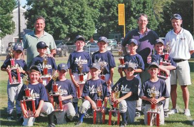 Marion Baseball Champs
Members of the championship tournament Marion Under 8 (U8) baseball team include (bottom, from left) Kyle Gillis, Jack McCain, Luke Muther, Owen Sughrue, Jackson Reydel, (top, from left) Jacob Yeomans, George Whitney, Russell Noonan, Andrew Riggi, Matt Lanagan, Collin Fitzpatrick, and coaches (from left) Matt Lanagan, J.J. Reydel and Steve Sughrue.
