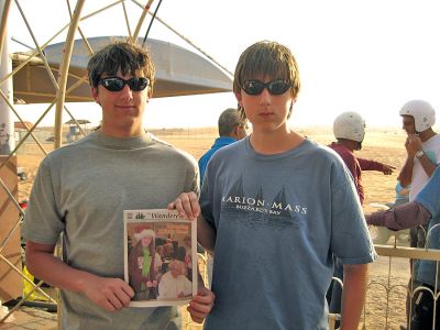 Dune Bashing
Robert and Scott McDavid of Marion pose with a Christmas cover of The Wanderer. The photo was taken while they were dune bashing in the desert of Dubai during their Christmas vacation. Dune bashing is driving a Quad or a 4x4 SUV across the sand dunes. (01/29/09 issue)
