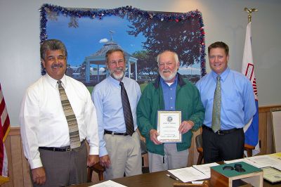 Perkins Honored
Longtime Planning Board member Barry Perkins was presented with a Certificate of Appreciation for his previous 15 years of service to the town by the Mattapoisett Board of Selectmen during their recent meeting. Pictured (l. to r. ) are Selectman Stephen Lombard, Selectmen Chairman Raymond Andrews, Barry Perkins, and Selectman Jordan Collyer. (Photo by Kenneth J. Souza).
