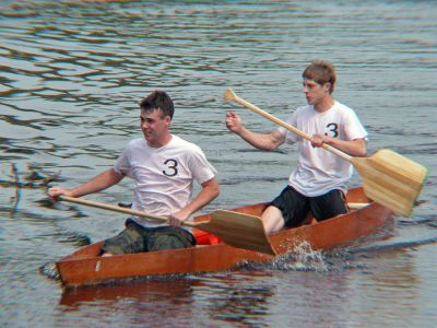 River Runners
Ian MacGregor of Rochester and Ian Donaghy of Blairsville, PA (Team #3) prepare to cross the finish line to take a fifth place overall win in the 2007 Memorial Day Boat Race on the Mattapoisett River. (Photo by Kenneth J. Souza).
