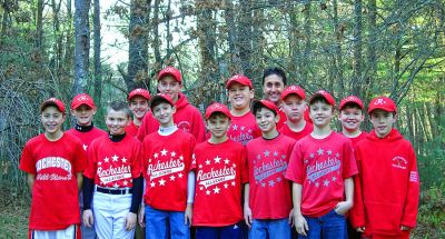 Rochester Baseball Champs
Members of the Rochester team that recently won the Wareham Fall Baseball championship with a record of 15-1 include (first row, l. to r.) Forrest Cote, Andrew Ryan, Zack Rivera, Andrew Dessert, Aaron Rivera, Johnathan Barosso, Colin Knapton, (second row) Austin Salkind, Jeremy Bare, Jared Reuter, Zack Perry, Chris Roach and Evan Sylvia. Manager: Kevin Cote. Coaches: Jeff Perry, Chris Dessert, Gene Rivera, and Rob Reuter. (Photo courtesy of Chris Dessert).
