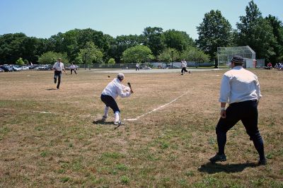 Vintage Base Ball
Members of the Old Ironsides Vintage Base Ball Club played a traditional period game of "base ball" at Old Hammondtown School on Sunday, August 5 as part of Mattapoisett's weeklong 150th Birthday Celebration. (Photo by Robert Chiarito).
