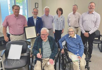 Boston Post Cane
Roy Wilson "Will" Wingate is Marion's eldest resident, and he was honored last week with the Boston Post Cane in celebration of his 101st birthday.
	A Boston Post Cane is a gold-headed ebony cane periodically offered to the eldest citizen of a New England town. The now-defunct Boston Post newspaper began the tradition in 1909. The canes belong to the town, but they are passed from one eldest resident to the next.
	Wingate's daughter was in attendance along with his 100-year-old wife Ann. 
