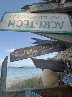 Exuma, Bahamas
While cruising the world, and while at Chat N Chill in the Exuma, Bahamas, the Sherrys (Mornee, Jenn, Atticus, and Nixon) found the coolest surprise. On a giant sign with names of hometowns of visitors, the family found this mention of Mattapoisett. As a family of four who grew up in Mattapoisett, they were amazed when they saw this sign and would love to know who it was that left it. Photo courtesy the Sherrys. April 9, 2026 edition
