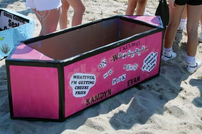 Cardboard Boats
Grade 7 students at Old Rochester Regional Junior High School took to the beach on Tuesday morning for a field day at the Mattapoisett YMCA that featured a cardboard boat race. The boats were designed entirely of cardboard and duct tape. The SCOPE program also included making tie-dye T-shirts. Photos by Mick Colageo
