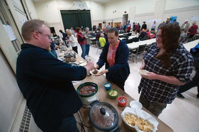 Chili Cook-off
The MattMen of Mattapoisett Congregational Church came together Sunday night, January 25th ,to see who amongst them cooks up the best man-made chili.  Tasting was free to all who came.  Those who wished to vote contributed $5 to The Baby Project of New Bedford.  $518 was raised for The Baby Project. Out of 15 chili cooks who prepared 16 pots of chili, Rory McFee received the most votes for his “Smoky Chili.”.  Bob Field’s “Oyster Chili” came in second place.  Photo by Felix Perez
