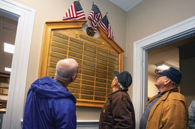 Vietnam Veterans Memorial 
From left, veterans Art Benner, Bob Reed and Bill Vincent get a close-up look at the names of Rochester residents who served on the new Vietnam Veterans Memorial that was installed on Friday at Town Hall. Rochester Select Board Chairman Paul Ciaburri, veterans Art Benner, Dave Watling and Bob Reed and Select Board members Adam Murphy and Brad Morse were among those on hand to celebrate the occasion. Photos by Kelly Smith Studios
