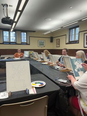 Mattapoisett Free Public Library
Mattapoisett Free Public Library hosted a step-by-step painting lesson on Tuesday. Registration for the event was full, and the meeting room of the library’s seats were all taken up by local artists painting a lemon tree. Photo by Sam Bishop. April 16, 2026

