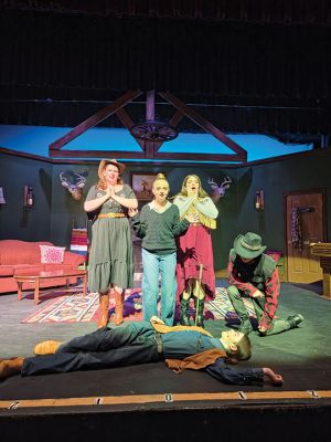 Murder Mystery at the Murder Mystery
Charlotte Cook, Tessa Ripley, Amanda Tomasso, Lincoln Fauteaux and Luca Cabral are shown on stage rehearsing for Old Rochester Regional Drama Club’s performance of Murder Mystery at the Murder Mystery. The debut performance is set for Thursday, November 20. Photo by and courtesy of Erin O. Bednarczyk. November 20, 2025
