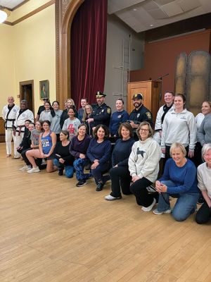Marion Police Self Defense Class
On November 6 and 8, women ages 15 and up learned basic, self-defense strategies from Marion Police Officer Captain Carl MacDermott III at the Music Hall. Awareness of one’s surroundings was a prime message, and participants practiced moves under assault. The program gave women confidence to protect themselves. “We learned basic self-defense stances and how to protect the face … the second night built on first-session skills,” said Cindy Macallister of Mattapoisett
