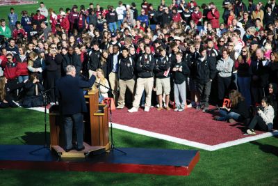Duffy Field
On Saturday, November 12, the Tabor turf fields were dedicated to G. Richard "Duff" Duffy, a Class of '56 graduate and member of the Tabor faculty since 1969. In his tenure, Mr. Duffy has shared his love of baseball and squash, and has served as Dean and dorm parent. Additionally, Mr. Duffy was Director of Silvershell Beach from 1974 to 1999, and a special member of the Marion police force. Photo courtesy of Tabor Academy student photography pool.
