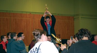 Running Champs
The ORR boys and girls winter track teams walked away from the South Coast Conference Championship this past Sunday victorious, with the boy’s team earning 70 points and the girl’s team 97. Eric Geldmacher is holding the boys trophy while he’s sitting on the shoulders of Nick Cristaldi. Photo by Dorothy Bell
