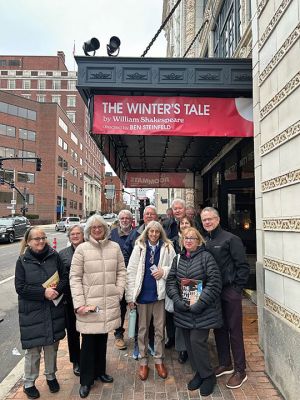 Shakespeare for Scaredy Cats
Depicted here are 10 of the 18 Mattapoisett COA’s Shakespeare for Scaredy Cats folk after having attended an excellent performance of Shakespeare’s The Winter’s Tale on March 7 at Trinity Rep in Providence. Over the years, this enthusiastic, very lively group has also seen other Shakespeare productions, such as Hamlet and The Taming of the Shrew. Dr. Karrie Szatek teaches the no-homework, seminar-style class on Thursdays at the COA. Currently being read is Antony and Cleopatra; next will be Measure for Meas
