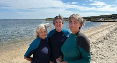 Silvershell Beach
Eileen, Ann, and Chris heading in for a fall swim at Silvershell Beach. Photo by Tara Calabrese
