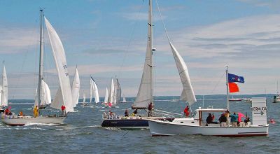 Bermuda Bound
Whipped (blue hull, center) captained by Chuck Fontaine of Mass Maritime leads Tim Kingsburys Northstar (far left) during the start of the Class D division of the 30th anniversary Marion to Bermuda Race, which kicked off on Friday, June 15 from Sippican Harbor. Some 72 yachts embarked on the 645-nautical-mile trek to the finish line. (Photo courtesy of Talbot Wilson).
