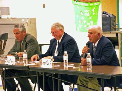 Marion Candidates Face-Off
Selectman candidates (l. to r.) Jonathan Henry, David Pierce, and Joseph Zora Sr. address voters during the recent Marion Candidates Night sponsored by the Tri-Town League of Women Voters held at Sippican School on Wednesday, May 16. (Photo by Robert Chiarito).
