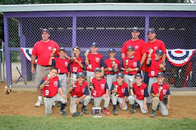MYB Champs
The Mattapoisett Youth Baseball Association (MYBA) 8U All-Star team took home the Championship Trophy with an impressive 5-0 record recently in Bourne. Team members include (seated, l. to r.) Landon Goguen, Brady Gracia, Connor Severino, Cam Hamilton, Jason Gamache, Marcus Pegurri, (standing, l. to r.) Coach Scott Pegurri, Patrick Cummings, Tyler Morauo. Will Saunders, Gavin Fox, John Breault, Coach Patrick Breault, Noah Greany, Coach Scott Greany. Missing: Jared Gammell. (Photo courtesy of Marie Greany).
