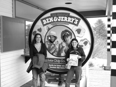 031303
During a recent Vermont ski trip to Sugarbush, this local group enjoyed sweet treats at the ever-popular Ben and Jerrys Ice Cream. While there, they posed with a copy of The Wanderer. Pictured here, from left to right, are: Kristen Landry, Sharon Baldwin, Sean Landry, (all of Rochester) and Lindsey LeBlanc (from Mattapoisett). (Photo courtesy of Sheila Landry). 03/13/04 edition
