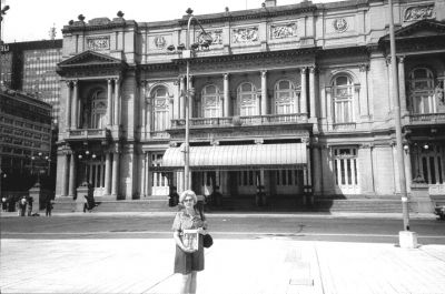 04-18-02-7
Joan Jepson of Marion poses with a copy of The Wanderer outside the Teatro Colon in Buenos Aires, Argentina during a visit in February. The Teatro is an acoustically-perfect Opera House in Bueno Aires. 4/18/02 edition
