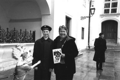 040705-4
Myra Hart (right) of Mattapoisett poses with a copy of The Wanderer alongside a member of the Vienna Boys Choir after attending a Sunday performance recently while touring Germany, Switzerland and Austria. (Photo courtesy of Myra Hart). 4/7/50 edition
