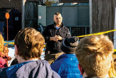 Crime Scene Investigation
Mattapoisett Police Detective Scott LeBlanc made an appearance at Old Hammondtown School on Friday, when Emily DeBortoli (Italia shirt) and many other fifth graders learned about investigating crime scenes outside the school building. Photos by Ryan Feeney
