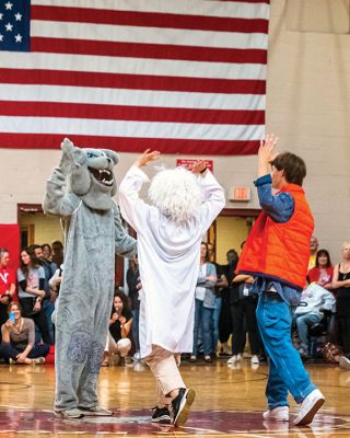 ORR Spirit Week
The culmination of Old Rochester Regional High School’s Spirit Week was a pep rally held after October 7 classes in the gymnasium. ORR sophomores performed a Wizard of Oz skit, and the ORR Bulldog joined Dorothy and company. The seniors displayed a "Back in Time/Back to the Future" theme, featuring a cleverly constructed “Delorean,” a colorful aerobics class, lots of action and energetic music with Marty McFly and Doc Brown characters joined by the heroic Bulldog. 
