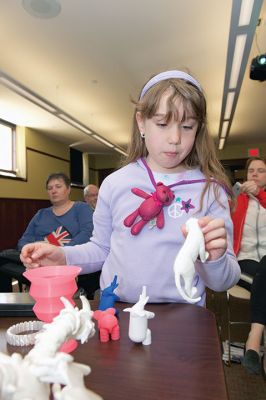 3D Printing
The Mattapoisett Free Library unveiled its brand new 3D printer this weekend during a presentation given by tech expert Kevin Osborn. Osborn gave a demonstration on Saturday, April 16, of the library’s very own brand new Ultimaker 2 3D printer. Photos by Colin Veitch
