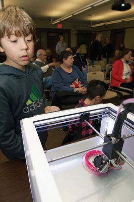 3D Printing
The Mattapoisett Free Library unveiled its brand new 3D printer this weekend during a presentation given by tech expert Kevin Osborn. Osborn gave a demonstration on Saturday, April 16, of the library’s very own brand new Ultimaker 2 3D printer. Photos by Colin Veitch
