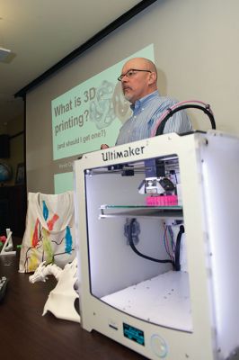 3D Printing
The Mattapoisett Free Library unveiled its brand new 3D printer this weekend during a presentation given by tech expert Kevin Osborn. Osborn gave a demonstration on Saturday, April 16, of the library’s very own brand new Ultimaker 2 3D printer. Photos by Colin Veitch
