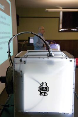 3D Printing
The Mattapoisett Free Library unveiled its brand new 3D printer this weekend during a presentation given by tech expert Kevin Osborn. Osborn gave a demonstration on Saturday, April 16, of the library’s very own brand new Ultimaker 2 3D printer. Photos by Colin Veitch
