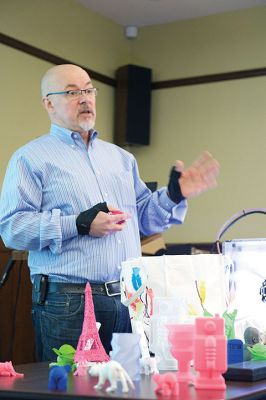 3D Printing
The Mattapoisett Free Library unveiled its brand new 3D printer this weekend during a presentation given by tech expert Kevin Osborn. Osborn gave a demonstration on Saturday, April 16, of the library’s very own brand new Ultimaker 2 3D printer. Photos by Colin Veitch

