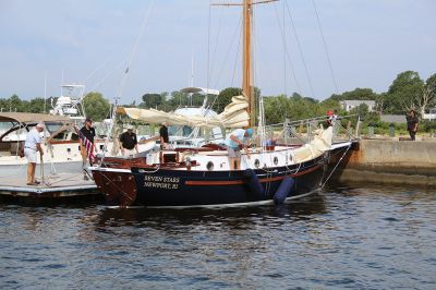 Seven Stars
Paul Thompson, a native of England, is the builder and captain of “Seven Stars,” a sailboat the recently retired engineer needed 20 years to build in his yard in upstate New York. On August 14, the harbormaster's staff assisted in launching the boat into Mattapoisett harbor. Photos by Mick Colageo
