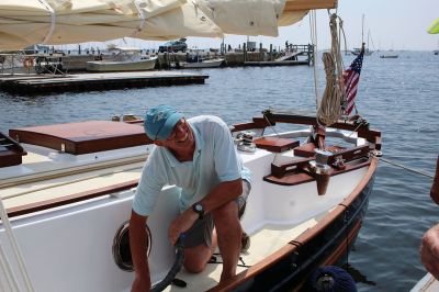 Seven Stars
Paul Thompson, a native of England, is the builder and captain of “Seven Stars,” a sailboat the recently retired engineer needed 20 years to build in his yard in upstate New York. On August 14, the harbormaster's staff assisted in launching the boat into Mattapoisett harbor. Photos by Mick Colageo
