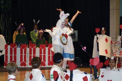 Alice in Wonderland
The White Rabbit played by Hannah Johnson and Alice played by Kyah Woodland in 'Alice in Wonderland' presented by the Rochester Memorial School fourth grade. Directed by Mrs. Susan Ellis. January 26, 2012
