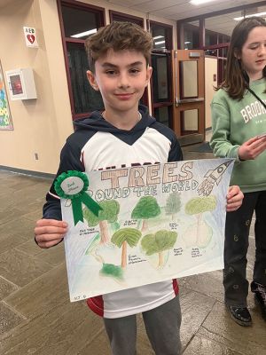 Arbor Day Poster Contest
On April 1, Old Hammontown School art teacher Greta Anderson, along with the student artists participating in the Arbor Day Poster Contest, gathered to receive awards. The participants this year included those students whose submissions were recognized for special merit. The students who won were First Place winner Beatrix Apperson and Second Place winner MJ Gendreau. Each winner received a gift certificate to a local eatery. Other entries of special merit were Most Inspirational by Brooke Mello, Most Creat
