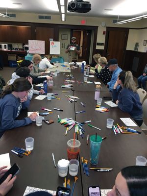 Watercolor Demonstration
Artist and instructor Devin McCaughlin conducted a watercolor demonstration on February 25 at the Mattapoisett Library where participants tried their hand. The program, funded by the Prouty Trust, introduced a new way to produce watercolors that included the use of felt markers. Photos by Marilou Newell
