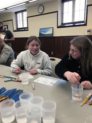 Watercolor Demonstration
Artist and instructor Devin McCaughlin conducted a watercolor demonstration on February 25 at the Mattapoisett Library where participants tried their hand. The program, funded by the Prouty Trust, introduced a new way to produce watercolors that included the use of felt markers. Photos by Marilou Newell
