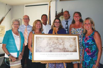 Ashley Mural
The mural by Clifford Ashley, donated to the Mattapoisett Historical Society by Polly Duff Phipps, was unveiled in a ceremony at the Mattapoisett Museum and Carriage House on July 31, 2011 after extensive renovation. The mural, entitled "A Chart of the Whale Coast of New England, c. 1810" will now be on display in the Museum at 5 Church Street, Mattapoisett. Each of Ms. Phipps' seven children were presented with a miniature mural at the ceremony. Photos by Katherine Gaudet.
