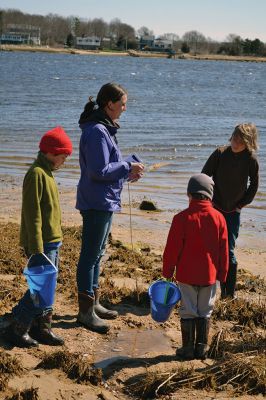 Buzzards Bay Coalition
One of the educational events the Buzzards Bay Coalition had planned for April vacation brought kids to the 6.1-acre property to explore the marshy beach for a scavenger hunt. The osprey from a nearby nest kept a close eye on the group until the treasures were tallied and the group waded back down the mud-puddled path to the road. Photo by Jean Perry
