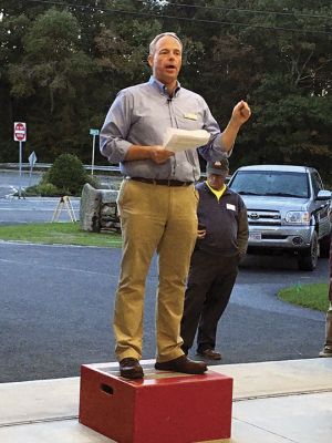 Buzzards Bay Coalition 
President of the Buzzards Bay Coalition Mark Rasmussen gave an opening speech thanking numerous local benefactors as well as the engineering, contracting, and trade specialists who aided in building the nearly $2 million center for science and operations in Marion. Photo by Marilou Newell
