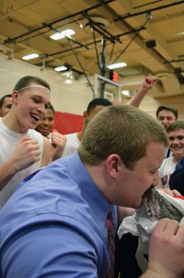  Students Teacher Basketball
 Students and teachers did about as much playing around as they did playing basketball during the students versus teachers co-ed basketball game at Old Rochester Regional High the evening of March 7. The teams were neck and neck throughout the evening – students in white and teachers in black – and neither team seemed to have an advantage over the other at any point during the game. Photo by Jean Perry
