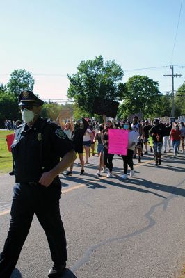 BLM Rochester
A “Black Lives Matter” protest march drew hundreds to Rochester late in the afternoon of June 12. Escorted by several Rochester policemen on foot, participants who had gathered in front of Town Hall marched down Dexter Lane to the police station, where several individuals spoke about racism and told stories of discrimination based on skin color. The protest was organized by Wareham resident Alexis Sylvia, who had spent several years living in Mattapoisett and Rochester. Photos by Mick Colageo
