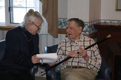 Boston Post Cane
Selectman Naida Parker presented Rochester’s oldest resident with the Boston Post Cane on February 20. Armand Cournoyer, 100, who now resides at the Sippican Healthcare Center, received the cane during a small ceremony while surrounded by friends and three generations of family members. Photos by Jean Perry
