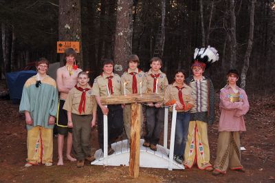 Crossover Ceremony
Boy Scout Troop 53 held a crossover ceremony at Camp Tinkham on Saturday, April 9, 2011. As part of the three-day event, Webelos Scouts cross over to become boy scouts. Pictured left to right: Adam Estes, Haakon Perkins, Samuel Ellis, Patrick Kiernan, Harry Avery, Freeman Bauer, Jacob Dorothy, Callum McLaughlin, and Lee Estes. Photo courtesy of Bodil Perkins.
